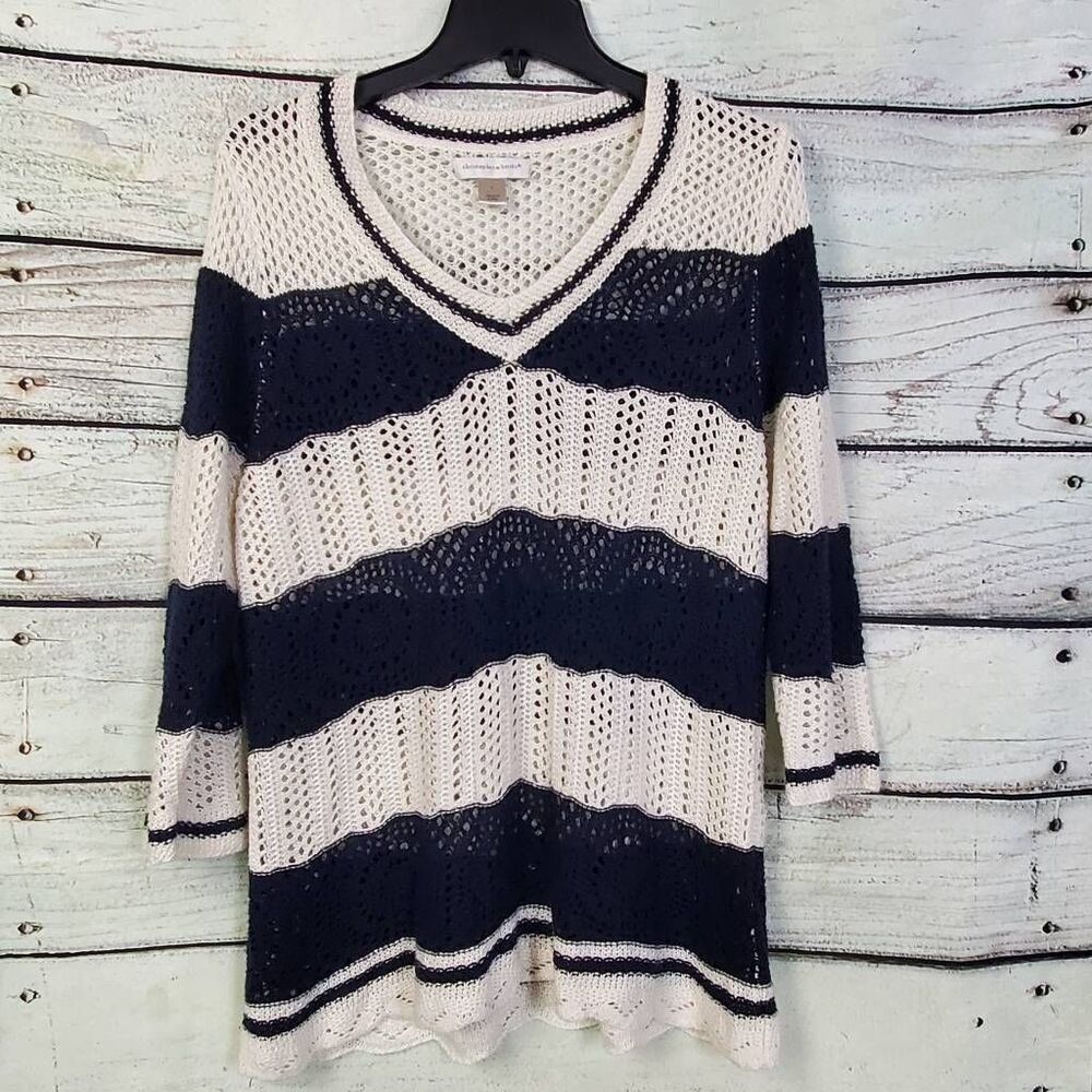 Christopher & Banks Women’s Size L Navy Cream Crochet Knit Top 3/4 Sleeve Stripe